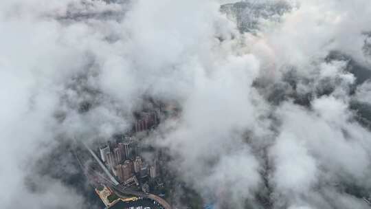 香港维多利亚港飞鹅山日落高空云层航拍