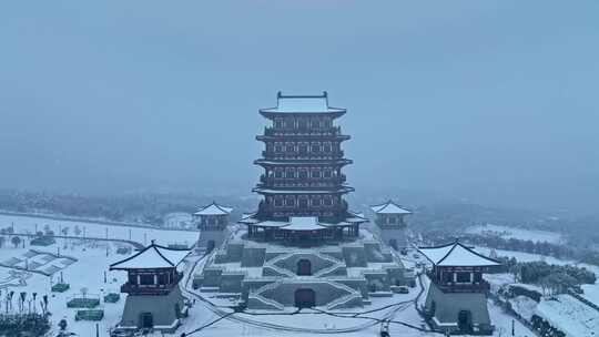 航拍牡丹博物馆雪景