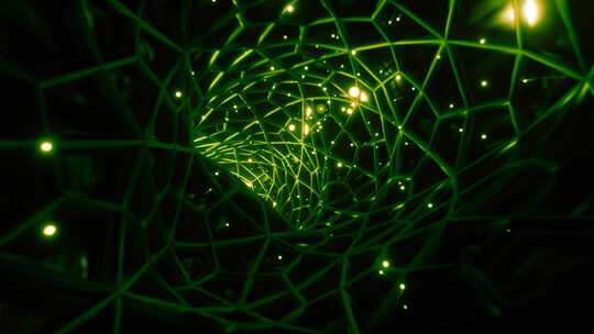 霓虹绿发光点飞过无尽的未来几何隧道。3D