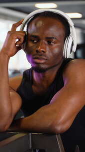 穿着运动服的非裔美国人在健身房训练时听音