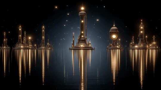 未来之城水面倒影星光璀璨