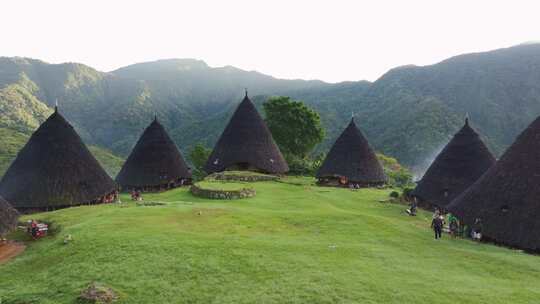 印度尼西亚弗洛雷斯山区背景下传统村庄的鸟