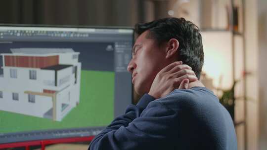 亚洲男工程师在家里的桌面上设计房子时脖子疼的特写镜头