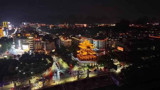 广西桂林逍遥楼夜景航拍