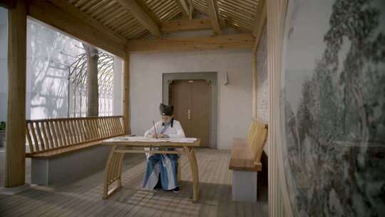 古装人物室内书写毛笔字