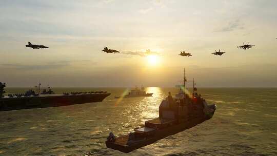在海上前行的航空母舰战斗群