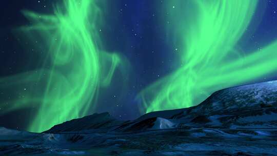 雪山的冬季景观，背景是星空和绿色极光。视频素材模板下载