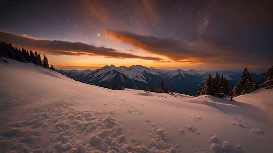 雪山雪地森林日出景象