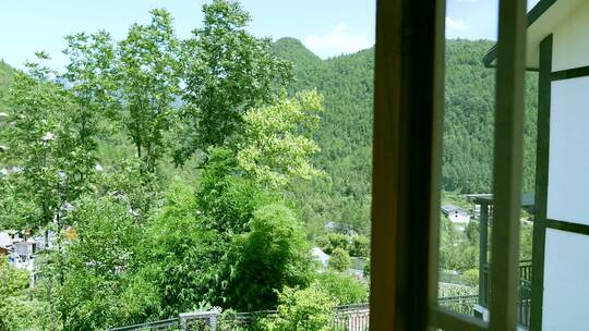 4K升格实拍度假酒店窗外郁郁葱葱的山林
