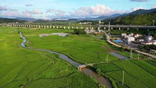 乡村田野上的高铁高架桥风景