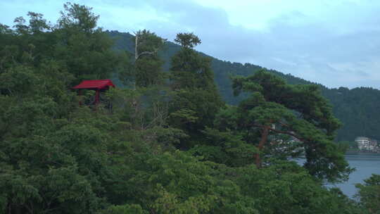 突出了日本河口湖周围翠绿的山脉，鸟居门矗