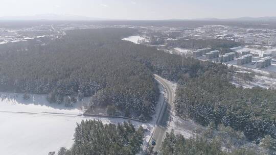 冬季长白山二道白河原始森林雪景远眺长白山