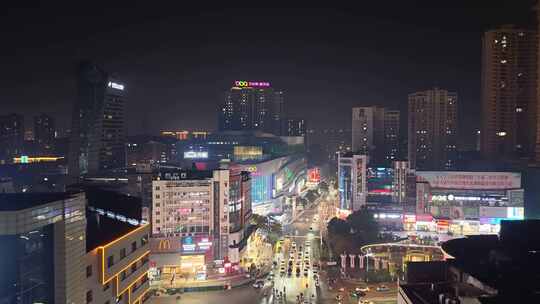 湖南岳阳商业街夜景航拍