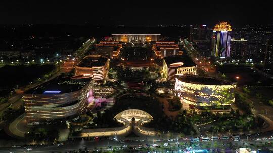 泉州市政府泉州图书馆夜景航拍泉州东海夜景