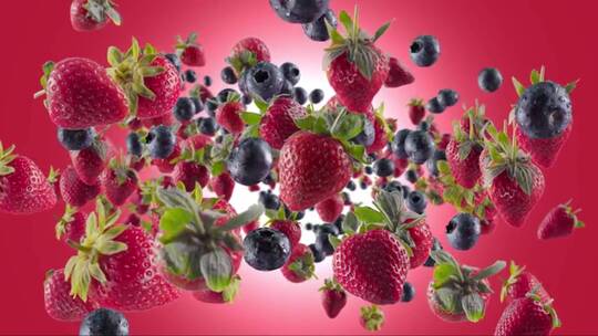 红色背景前的草莓和蓝莓动画视频素材模板下载