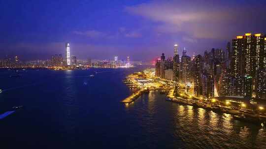 香港维多利亚港CBD中环夜景高空航拍