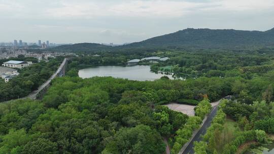 航拍夏季的中山陵前湖公园