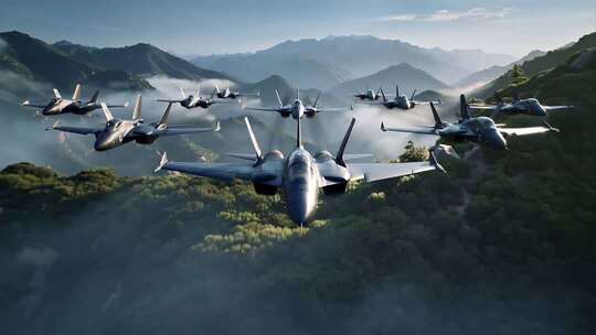 多架战斗机山间飞行空中巡航山谷飞行