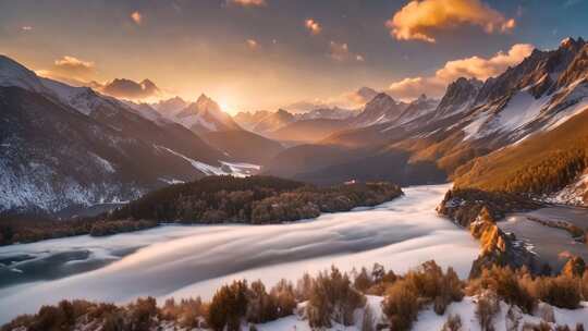 雪山河谷日出自然风光