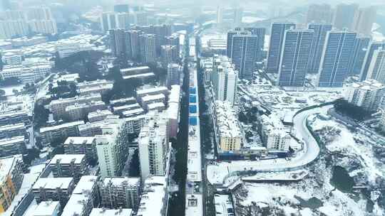 航拍城市下雪道路雪景