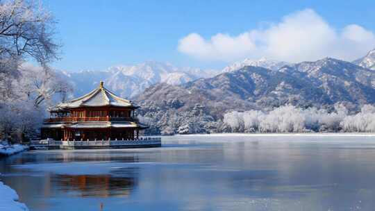 冬天唯美雪景中的湖景