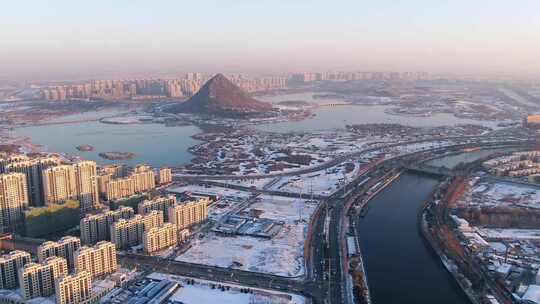 山东济南华山湖雪景航拍