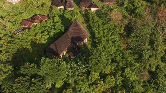 印度尼西亚郁郁葱葱森林中锥形屋顶传统村庄