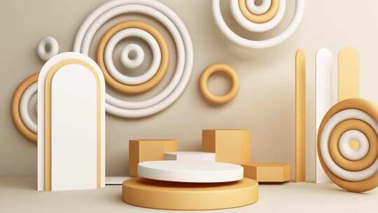 最小场景与讲台和抽象背景。金色和柔和的彩