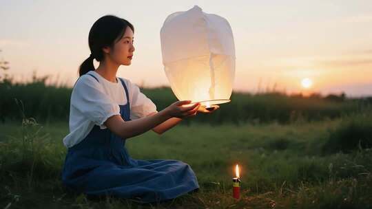女孩草地放孔明灯夕阳景象