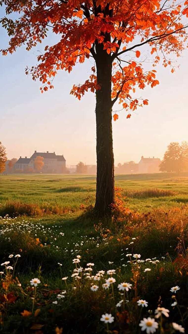 秋日田野中的红枫树风景