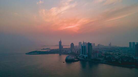 青岛海上日落晚霞夕阳航拍移动延时