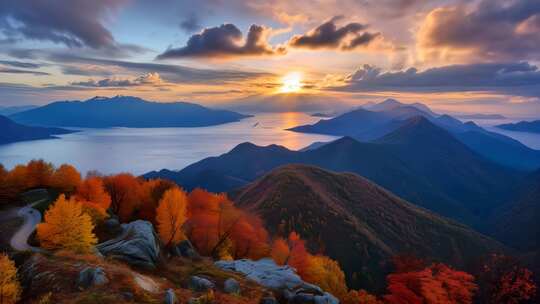 夕阳下的山川河流风景视频