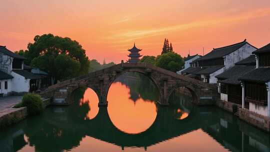 江南水乡古桥与古建筑黄昏景