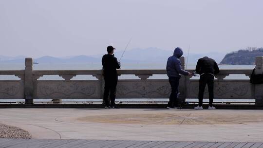 栈桥上钓鱼爱好者正在海钓60帧