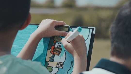 绿色公园  小孩子画画 湖边玩耍