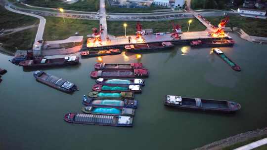 运河航拍港口码头水路运输轮船货运沙船