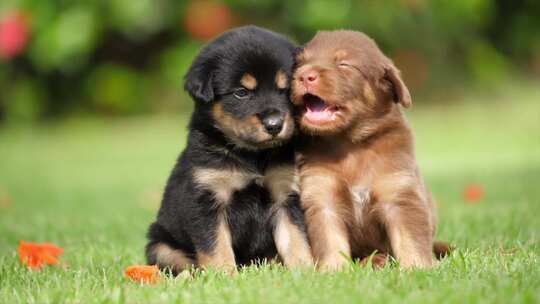 两只可爱的小狗坐在草地上