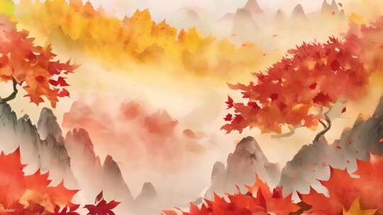 中国风秋日山水层次感丰富的山脉动画