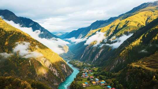 山谷河流与山间村落风光