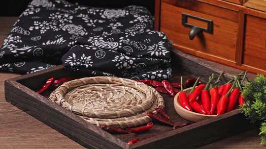 双手在桌上端起装在碗里的红色干辣椒调料