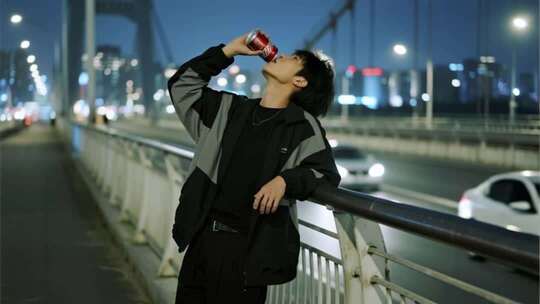 孤独伤感情绪夜晚独自一人天桥喝酒ai素材