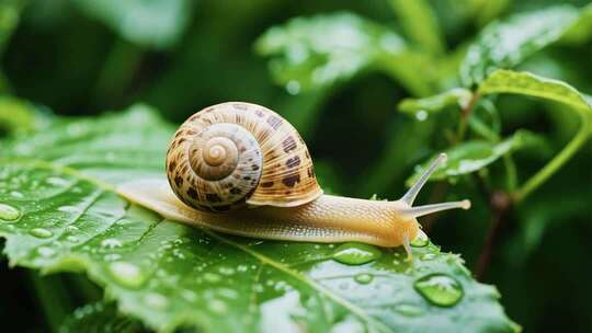 雨后蜗牛爬叶细节慢镜头
