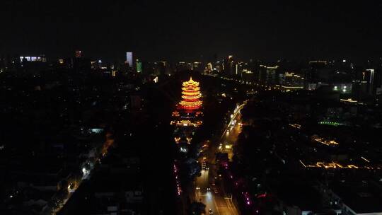 航拍湖北武汉黄鹤楼景区夜景