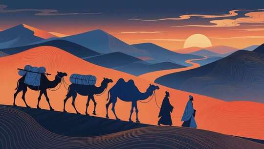 卡通丝绸之路，沙漠骆驼商队