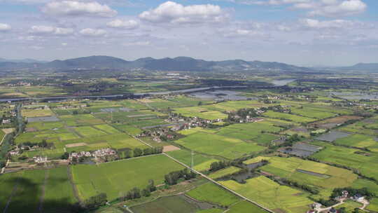 安徽农村水稻田野山脉蓝天航拍