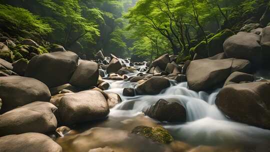 山林间溪流与岩石景观