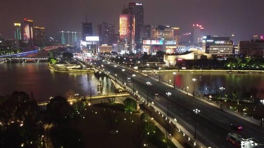 航拍宁波市中心鼓楼天一城市繁华夜景