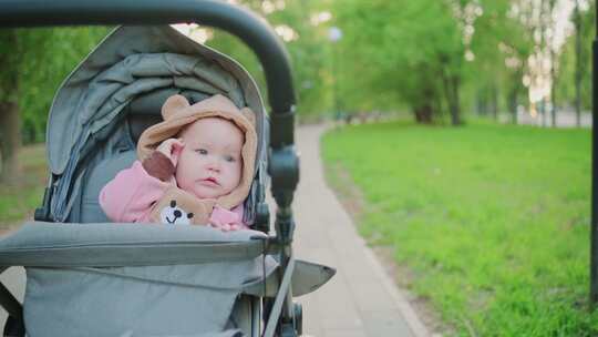 公园里婴儿车里可爱的蹒跚学步的女孩的肖像