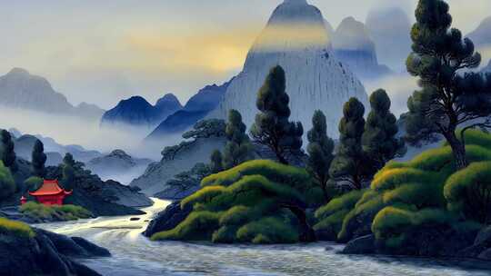 中式山水古建筑风景