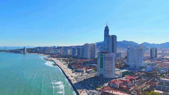 航拍山东烟台滨海城市建筑海岸线风光全景